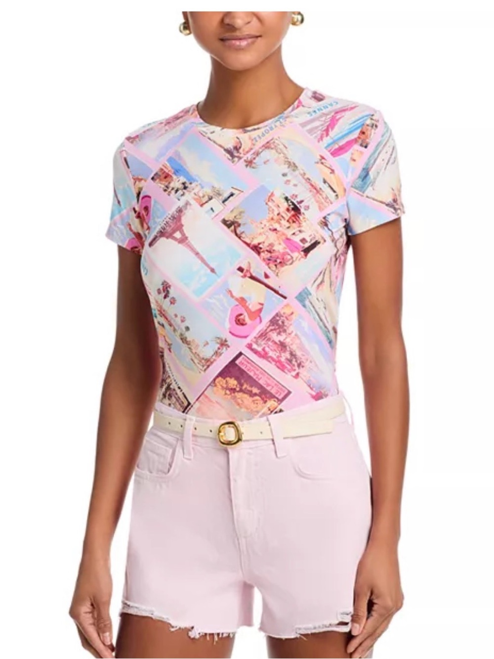 L’AGENCE Ressi Pink Postcard Print Fitted T-Shirt